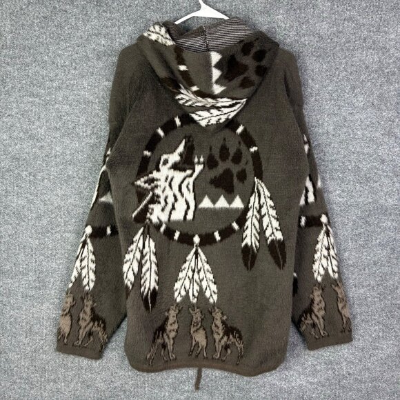 Tejidos Imalaya Full Zip Hooded Sweater Mens Sz Medium Wolf Dreamcatcher Print‎ - Picture 2 of 10